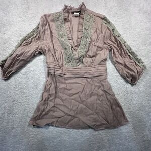 Y2K Empire Waist Blouse Women's Medium‎ Feline Tan Lace Detail Shirt Elastic
